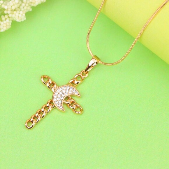 "Rose Gold Chain Cross Pendant with CZ Crescent Accent, XPPT1263 - Picture 12 of 13